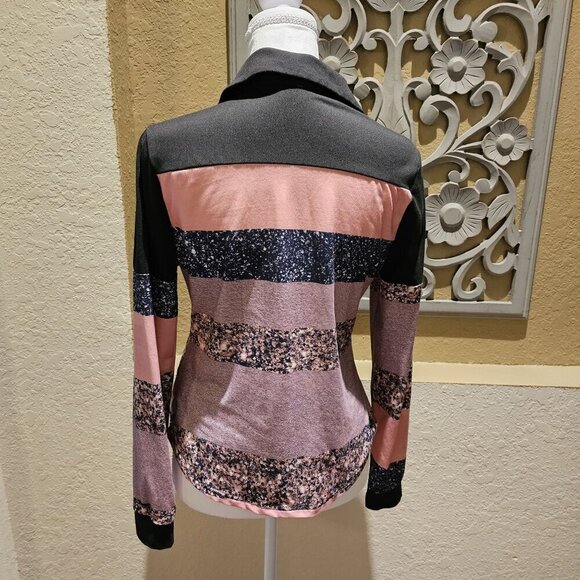 Color block Button-Up Long Sleeve Shirt M Patchwork Disco Boho 90's 70's Trucker - Picture 2 of 12